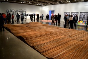 Ai Weiwei created this piece, Straight, from rebar he recovered from collapsed schoolhouses following the 2008 earthquake in Sichuan Province. Each mangled piece of rebar was straightened through a laborious process.